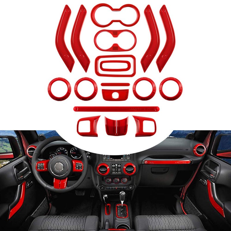 Opall Full Set Interior Decoration Kit - Steering Wheel & Center Console Air Outlet Trim, Door Handle Cover Inner, Passenger Seat Handle Trim for Jeep Wrangler JK JKU (18 X Red) - Image 1